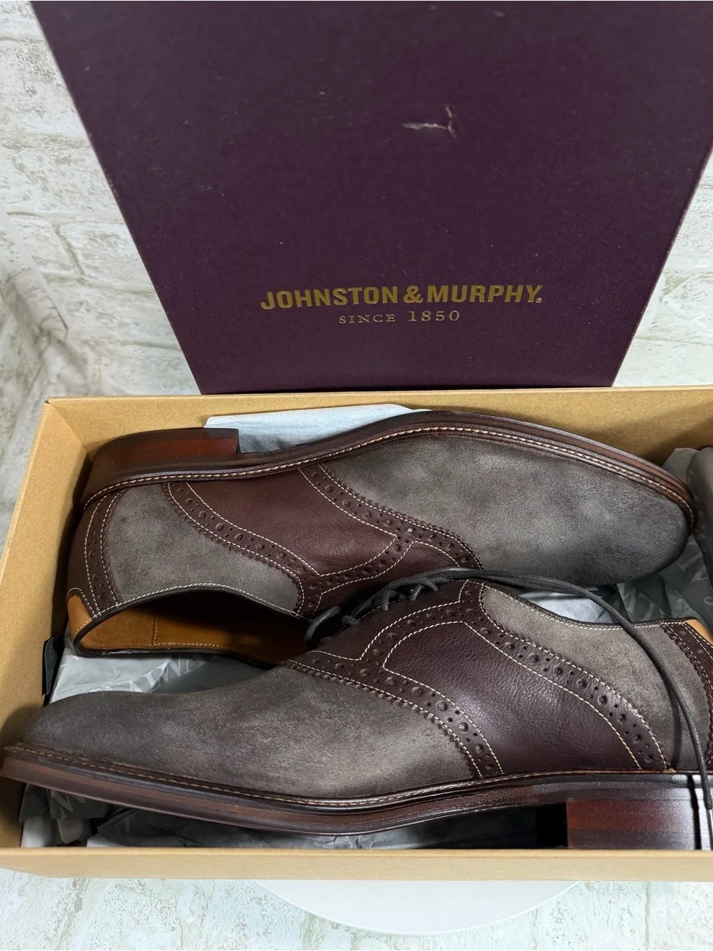 Johnston & Murphy ($170) Dark Gray Suede Deep Brown Leather Wingtip Oxfords 10.5